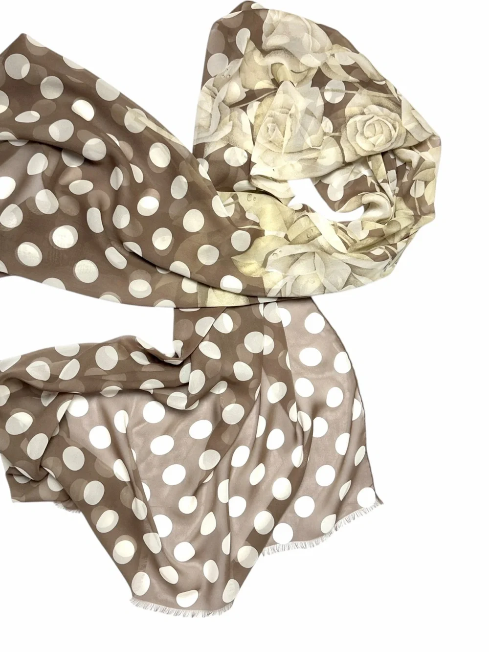 Vintage Gianfranco Ferré Silk Scarf Shawl Wrap 34x78 Roses Polka Dot Taupe Cream
